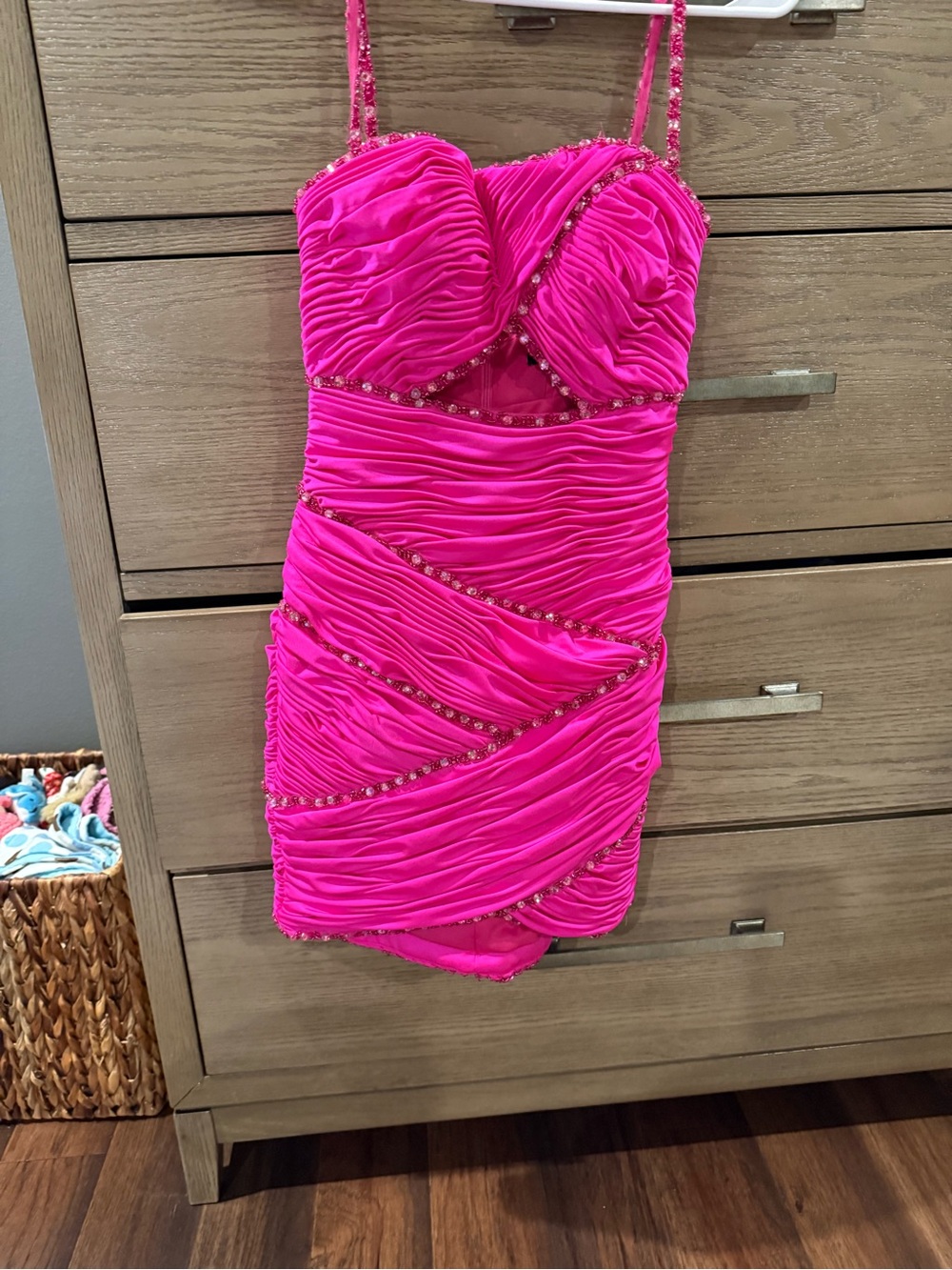 Ruched Hot Pink Mini Dress with Beaded Trim